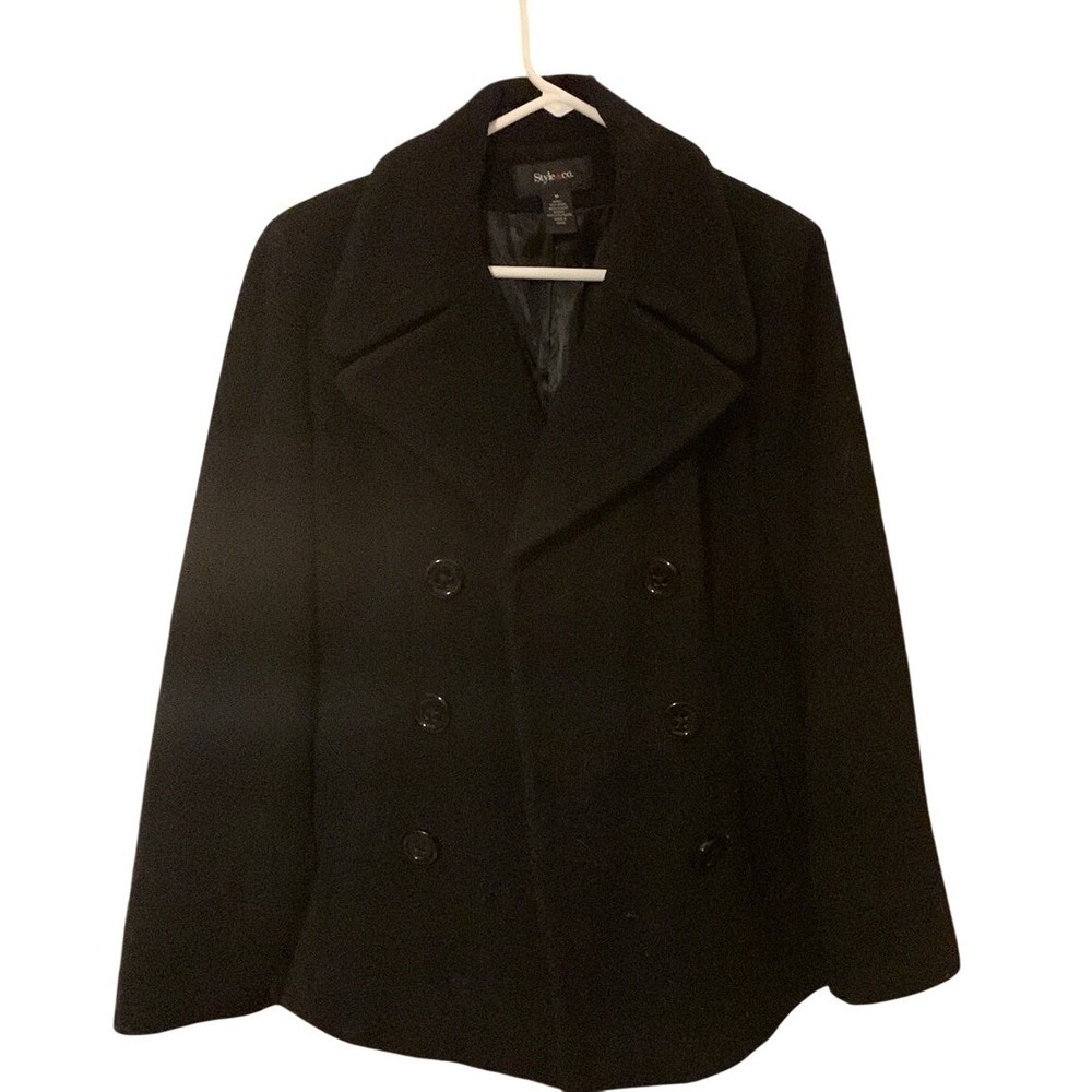 Style & Co. Womens Black Wool Blend Double Breasted Pea Coat Jacket Medium
